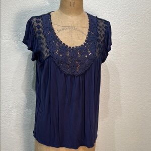 Jolt Women Navy XL Sheer Lace Detail Short‎ Sleeve Boho Top